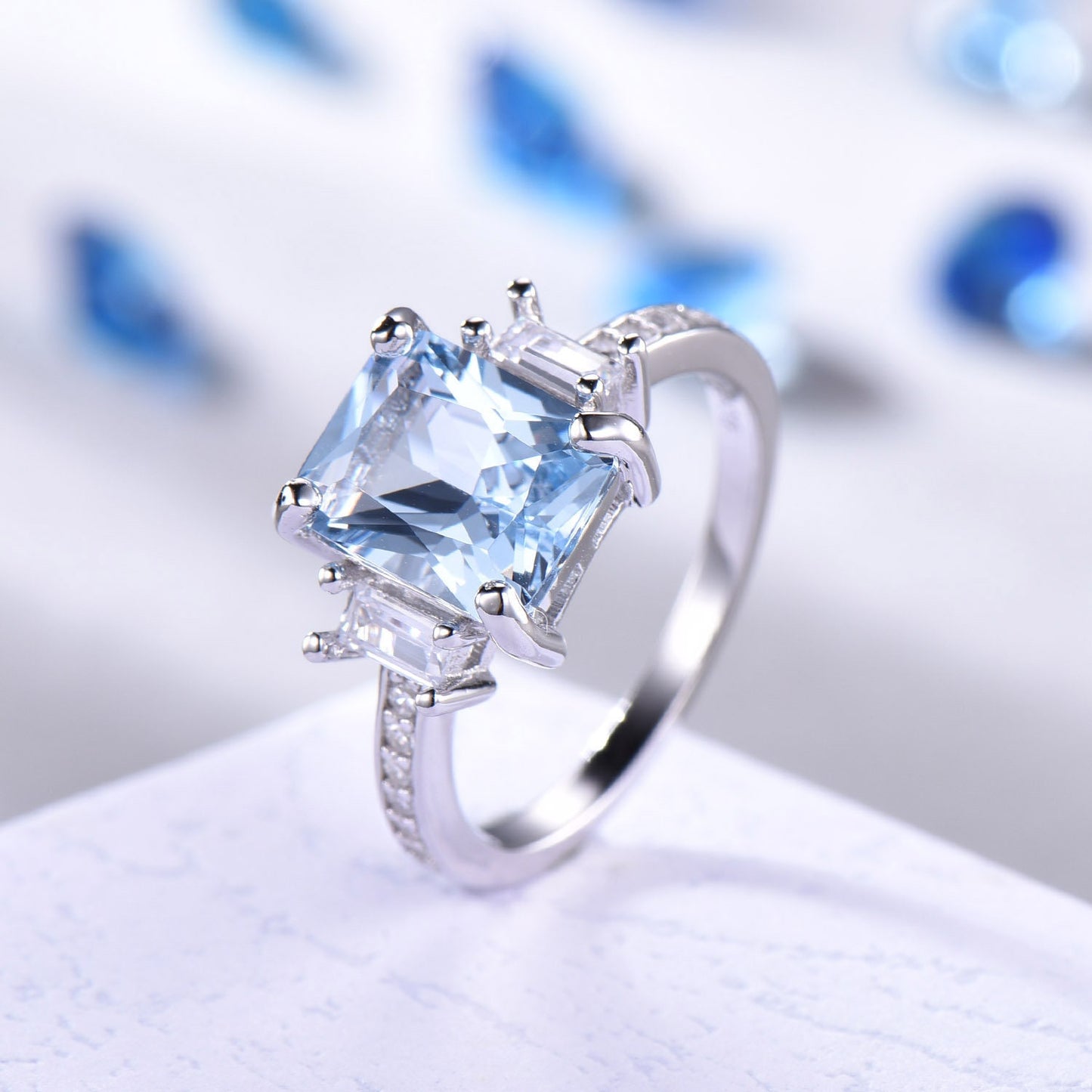 White Gold aquamarine ring sterling silver 925 CZ diamond engagement ring March birthstone sky blue aquamarine birthday gift for her