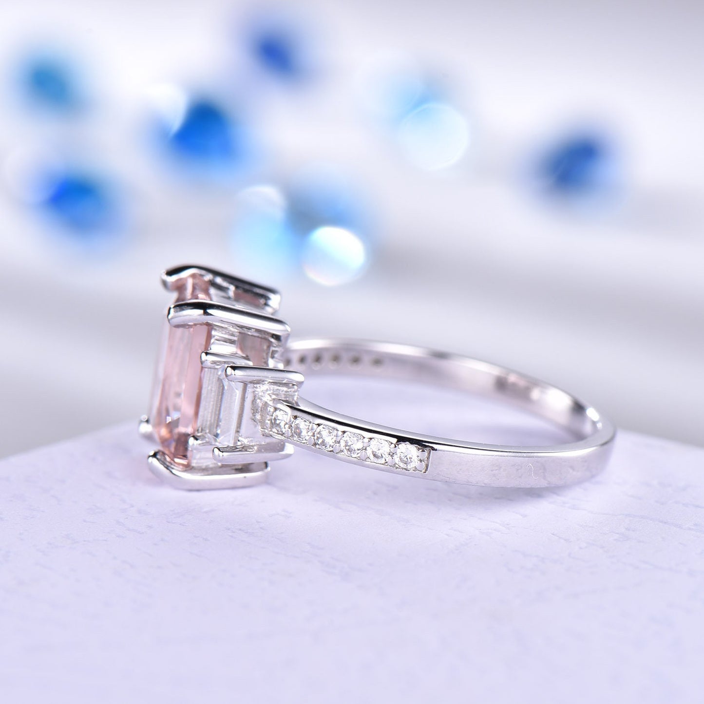 Pink morganite ring women sterling silver promise ring three stone cubic zirconia wedding band minimalist engagement anniversary gift
