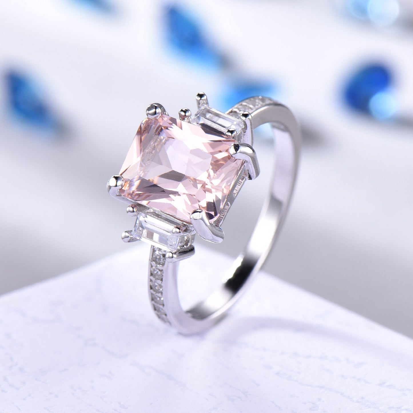 Pink morganite ring women sterling silver promise ring three stone cubic zirconia wedding band minimalist engagement anniversary gift