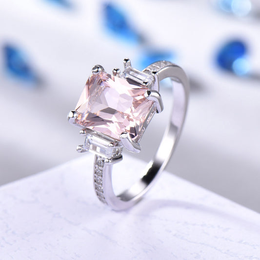 Pink morganite ring women sterling silver promise ring three stone cubic zirconia wedding band minimalist engagement anniversary gift