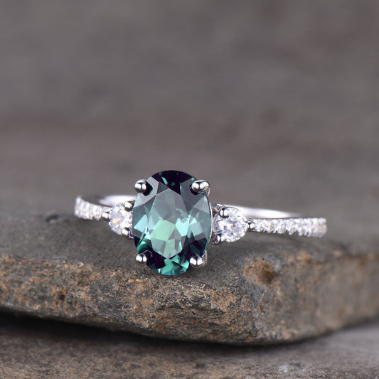 Oval Alexandrite Ring, Alexandrite Man Made Diamond Three Stone Engagement Ring, 14K Gold Ring, Alexandrite Engagement Ring, Silver Rings