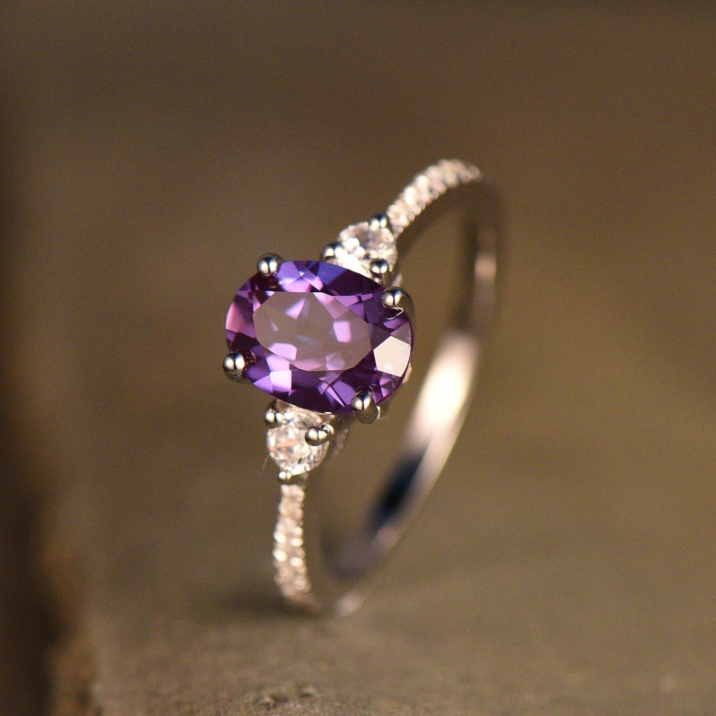 Oval Alexandrite Ring, Alexandrite Man Made Diamond Three Stone Engagement Ring, 14K Gold Ring, Alexandrite Engagement Ring, Silver Rings