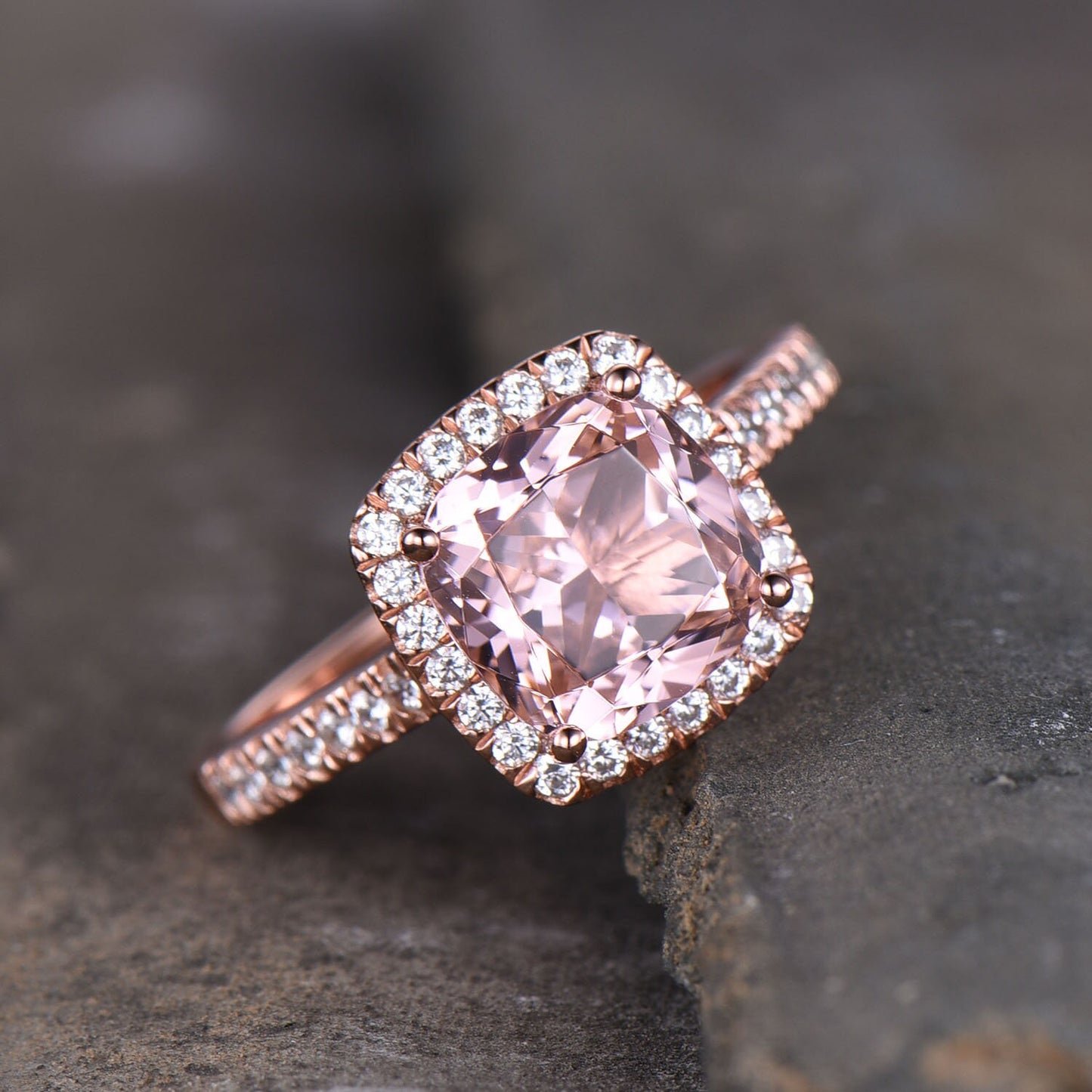Pink Morganite Ring 8mm Cushion Morganite Engagement Ring Halo Ring Statement Ring Sterling Silver Ring 14K Rose Gold Ring Promise Ring