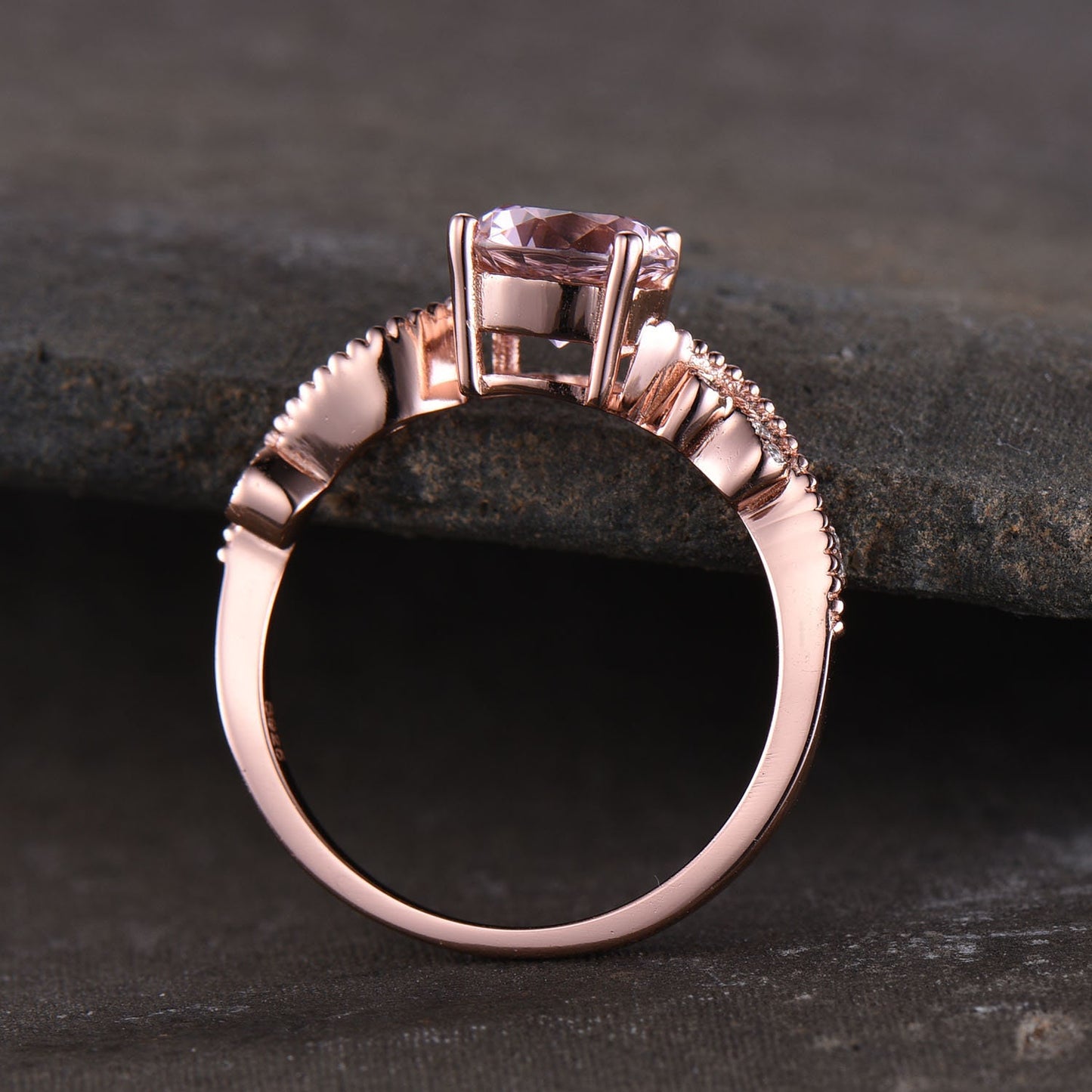 Morganite Engagement Ring, Pink Morganite Ring, Rose Gold Morganite Ring, Art Deco Band, Sterling Silver Ring, Promise Ring,Anniversary Gift