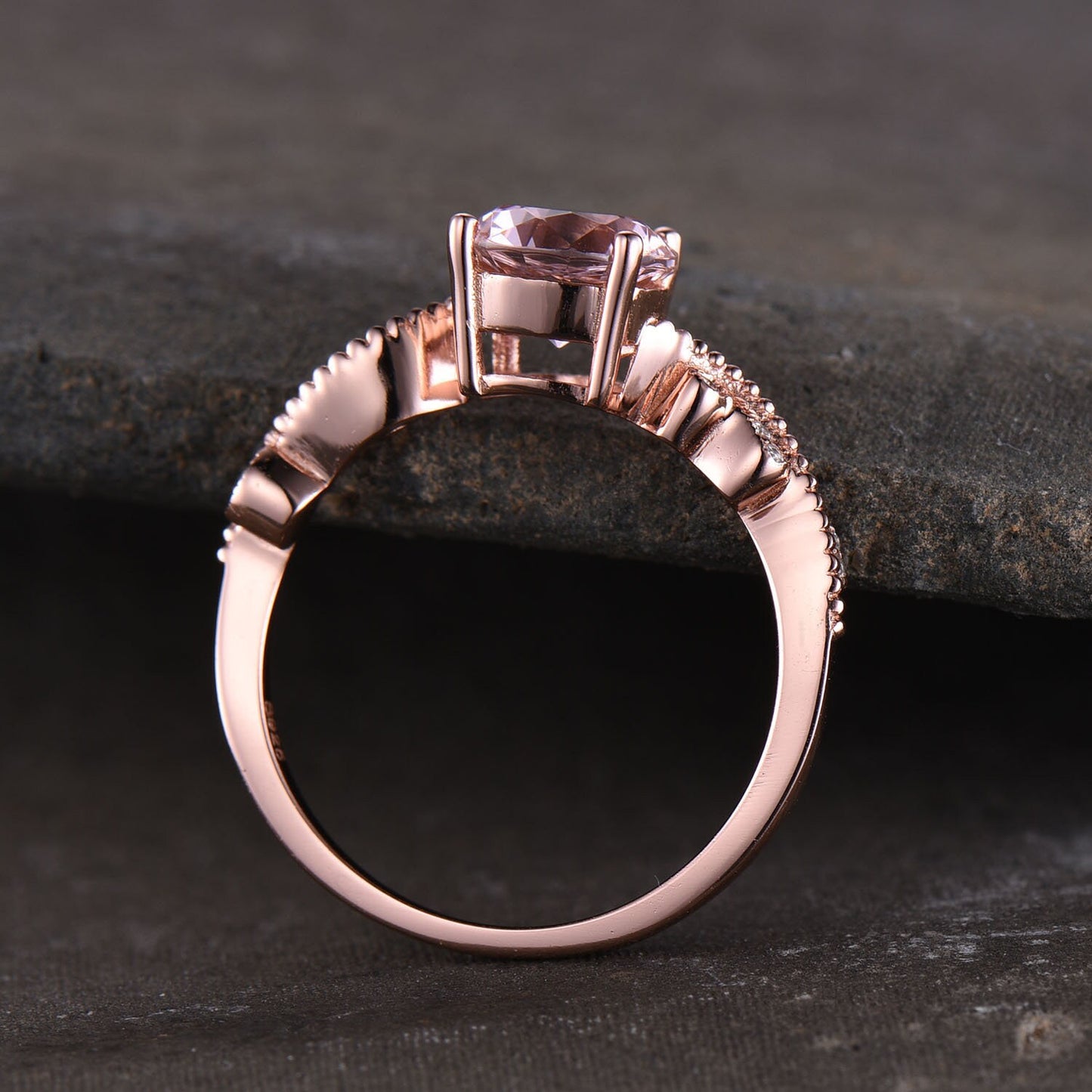 Morganite Engagement Ring, Pink Morganite Ring, Rose Gold Morganite Ring, Art Deco Band, Sterling Silver Ring, Promise Ring,Anniversary Gift