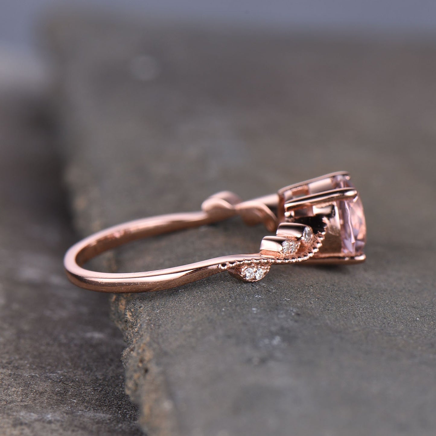 Morganite Engagement Ring, Pink Morganite Ring, Rose Gold Morganite Ring, Art Deco Band, Sterling Silver Ring, Promise Ring,Anniversary Gift