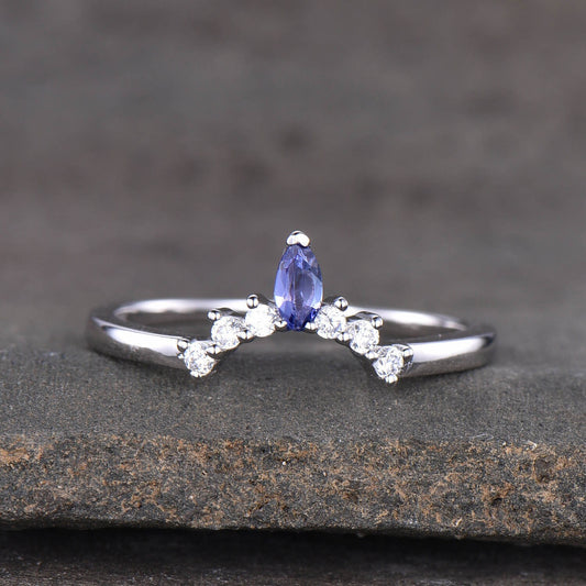 Tanzanite Ring, Sterling Silver Tanzanite Wedding Ring, Stacking Rings, Crown Curved Matching Band, Wedding Ring, Gold Ring, Stackable