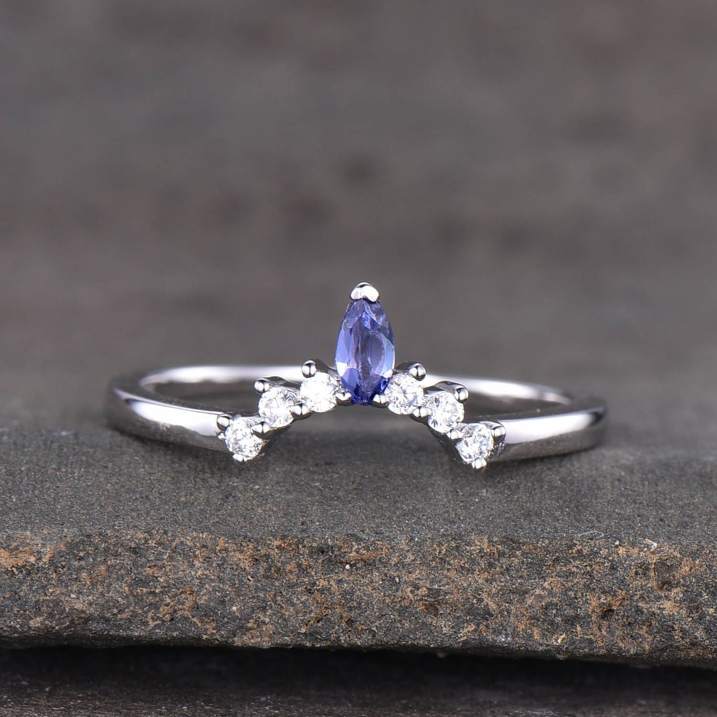 Tanzanite Ring, Sterling Silver Tanzanite Wedding Ring, Stacking Rings, Crown Curved Matching Band, Wedding Ring, Gold Ring, Stackable