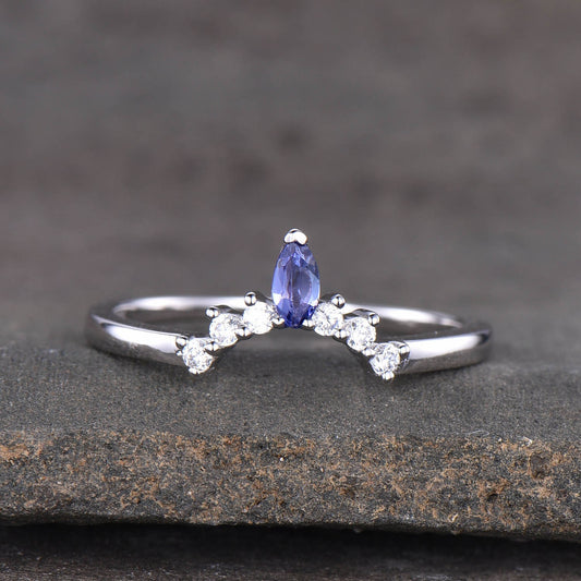 Tanzanite Ring, Sterling Silver Tanzanite Wedding Ring, Stacking Rings, Crown Curved Matching Band, Wedding Ring, Gold Ring, Stackable