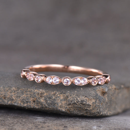 Morganite Ring, Gemstone Band, Thin Stacking Ring, Wedding Band Ring, Gold Ring, Delicate Ring, Art deco, Rose Gold Plated
