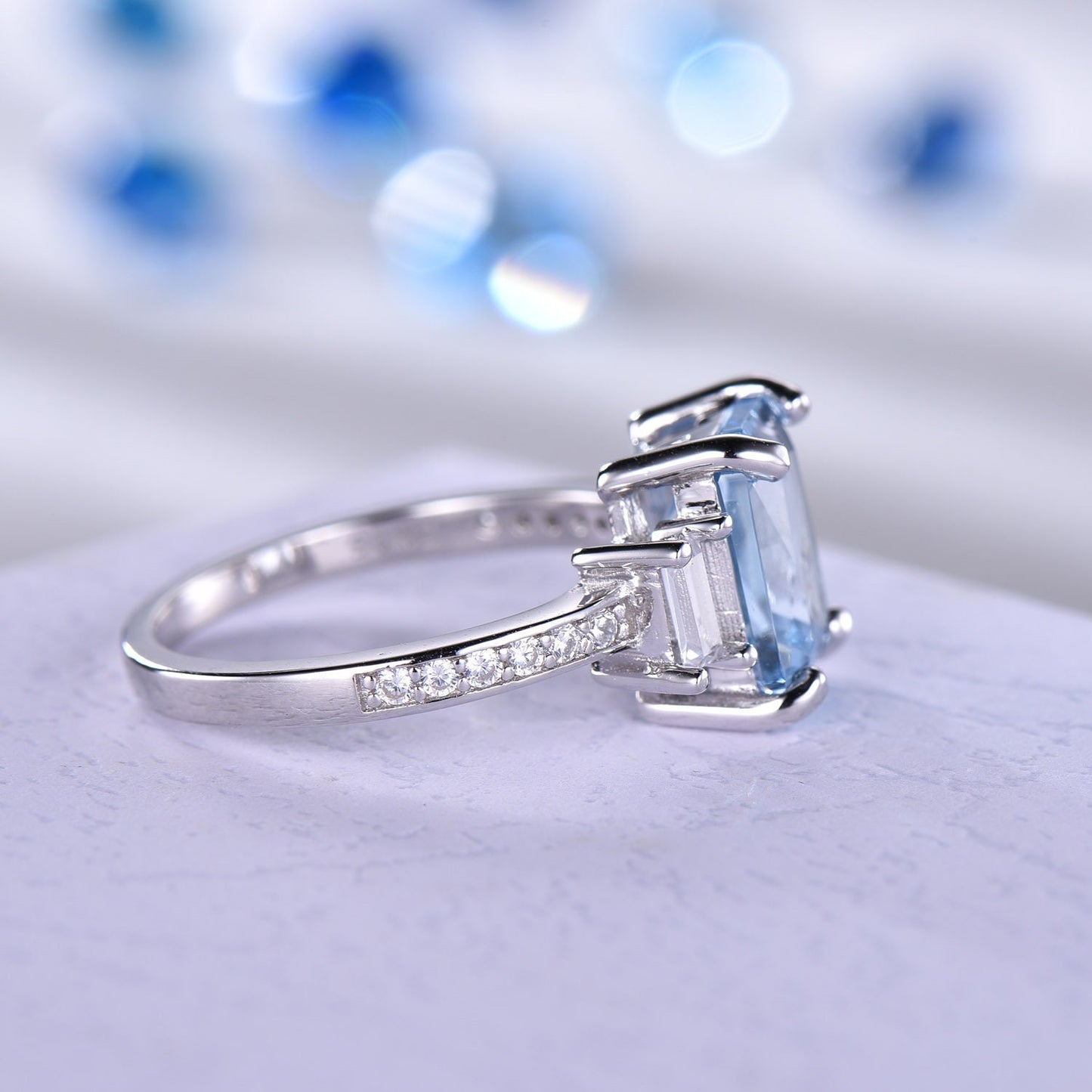 White Gold aquamarine ring sterling silver 925 CZ diamond engagement ring March birthstone sky blue aquamarine birthday gift for her