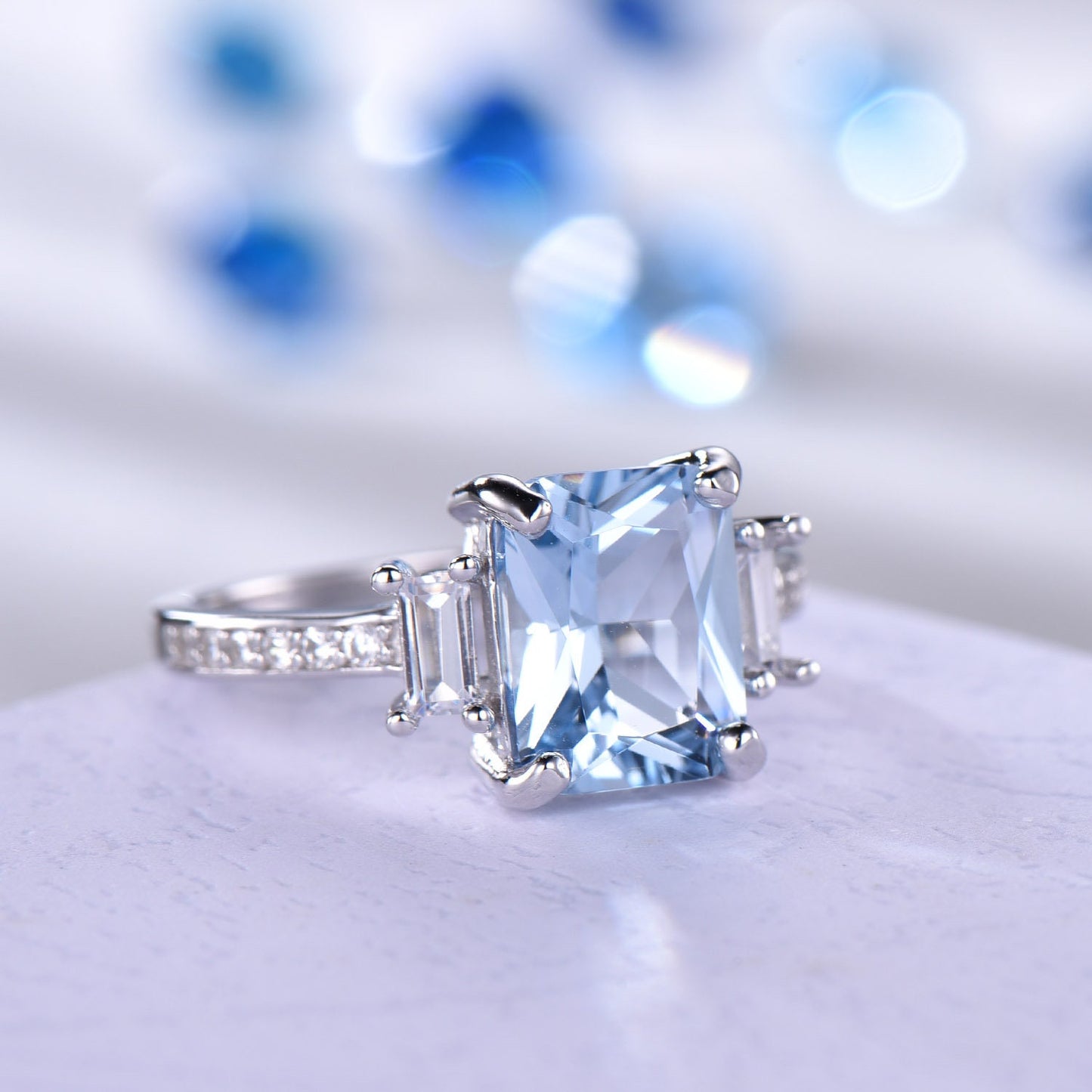 White Gold aquamarine ring sterling silver 925 CZ diamond engagement ring March birthstone sky blue aquamarine birthday gift for her