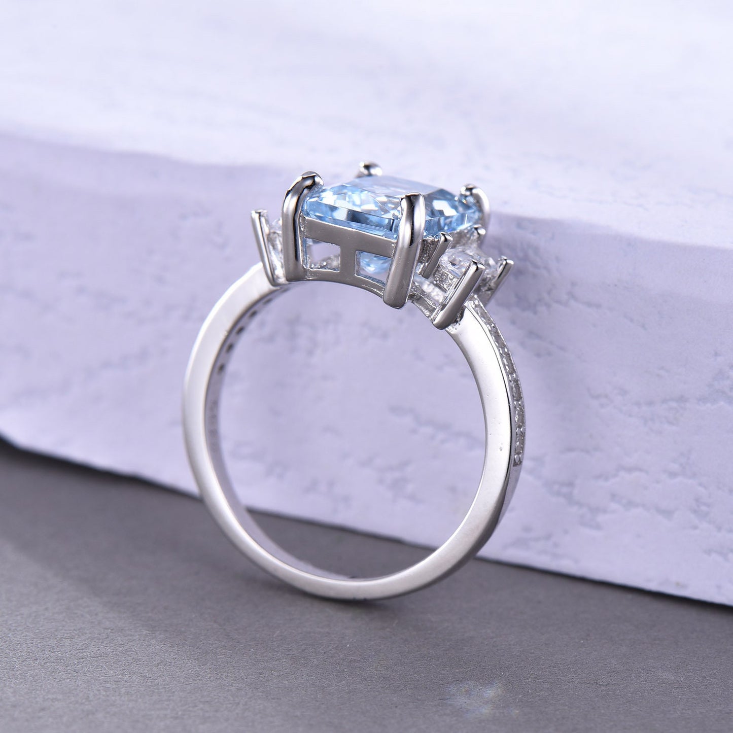 White Gold aquamarine ring sterling silver 925 CZ diamond engagement ring March birthstone sky blue aquamarine birthday gift for her