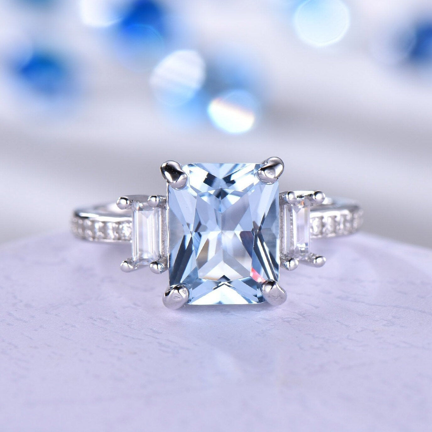 White Gold aquamarine ring sterling silver 925 CZ diamond engagement ring March birthstone sky blue aquamarine birthday gift for her