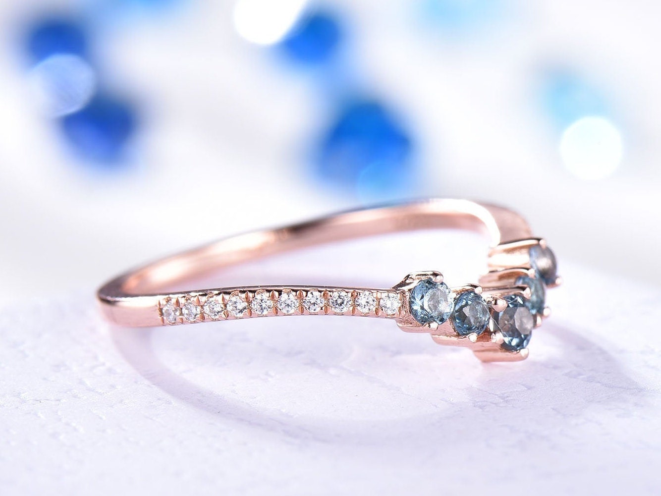 V shape topaz diamond wedding band curved stacking matching band London blue topaz half eternity ring solid 14k rose gold promise bridal