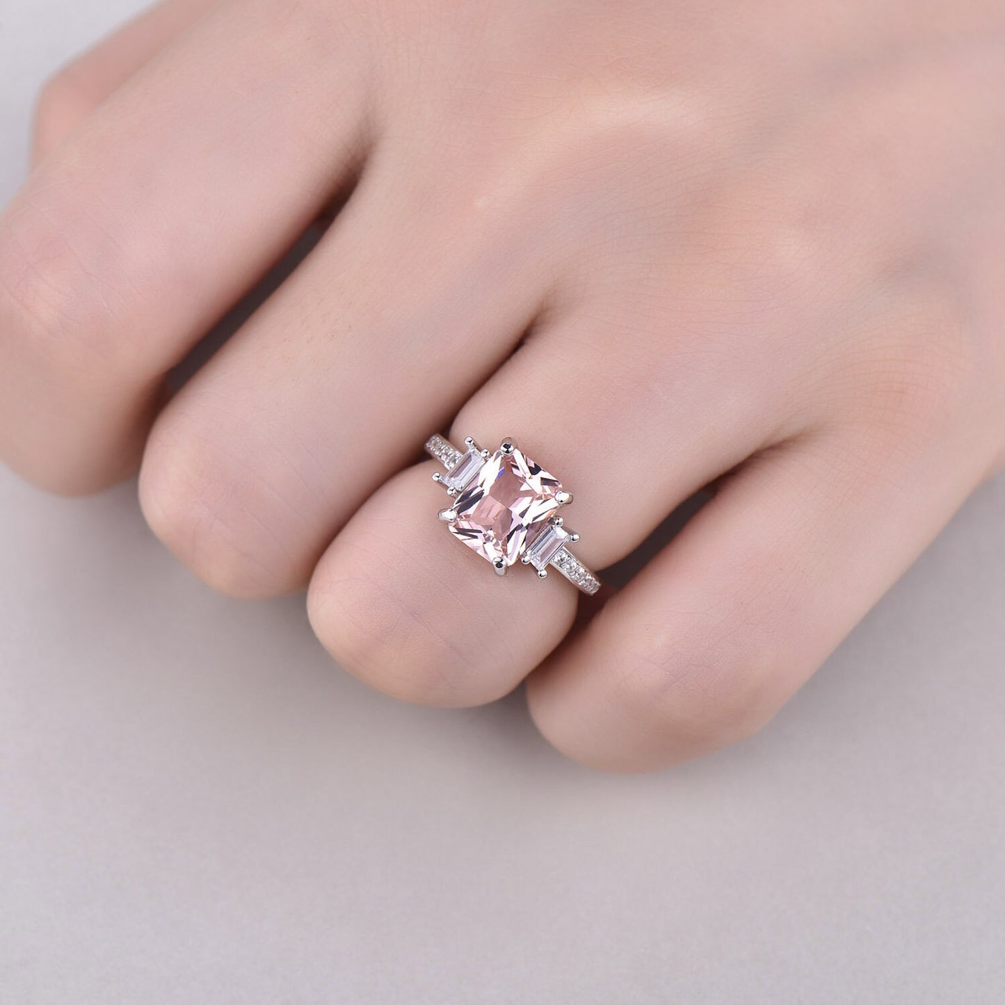 Pink morganite ring women sterling silver promise ring three stone cubic zirconia wedding band minimalist engagement anniversary gift