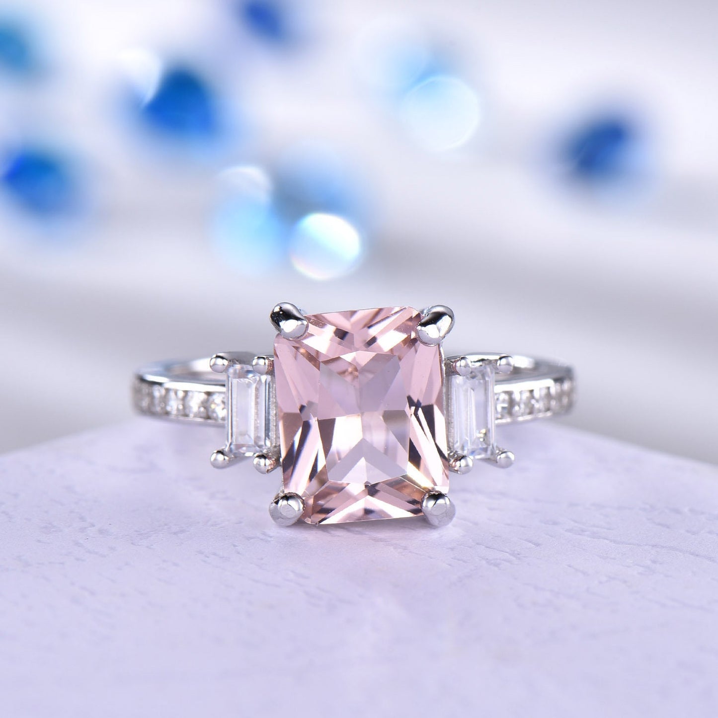 Pink morganite ring women sterling silver promise ring three stone cubic zirconia wedding band minimalist engagement anniversary gift