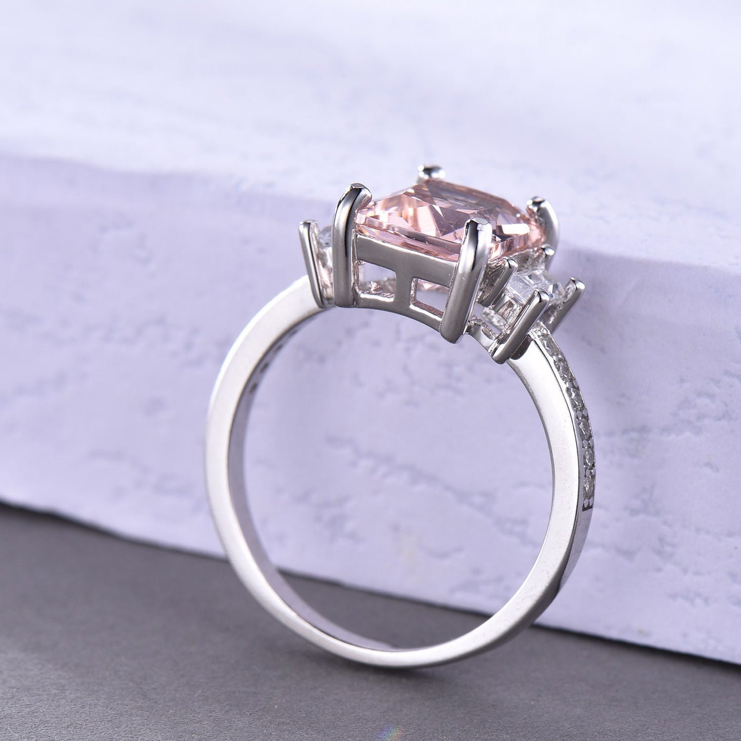Pink morganite ring women sterling silver promise ring three stone cubic zirconia wedding band minimalist engagement anniversary gift