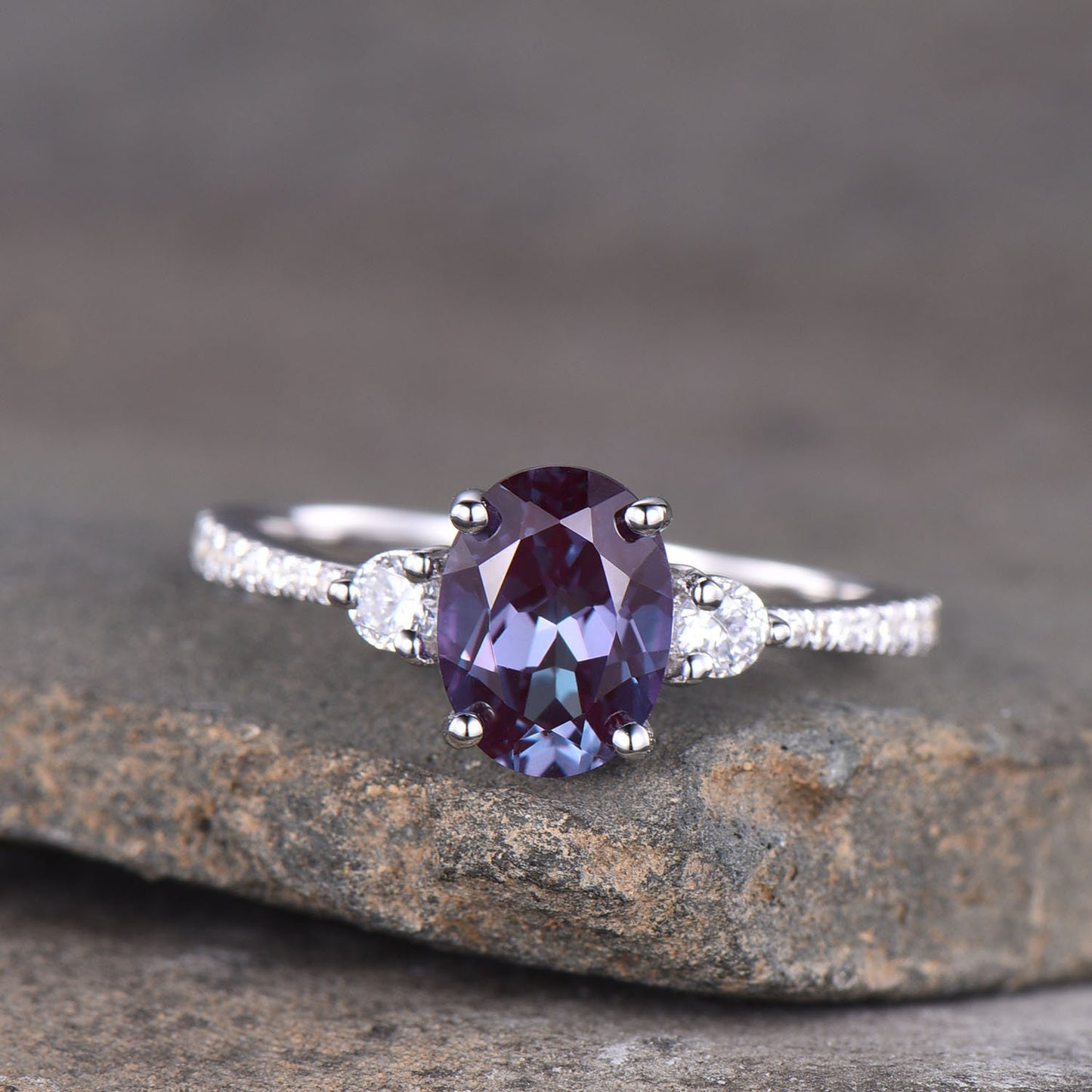 Oval Alexandrite Ring, Alexandrite Man Made Diamond Three Stone Engagement Ring, 14K Gold Ring, Alexandrite Engagement Ring, Silver Rings