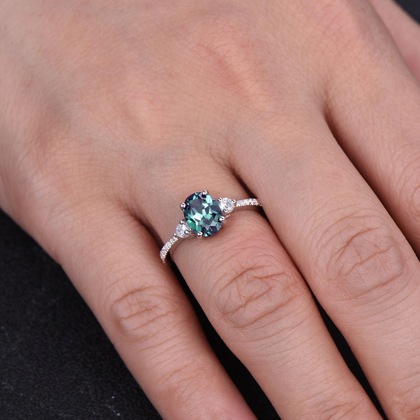 Oval Alexandrite Ring, Alexandrite Man Made Diamond Three Stone Engagement Ring, 14K Gold Ring, Alexandrite Engagement Ring, Silver Rings