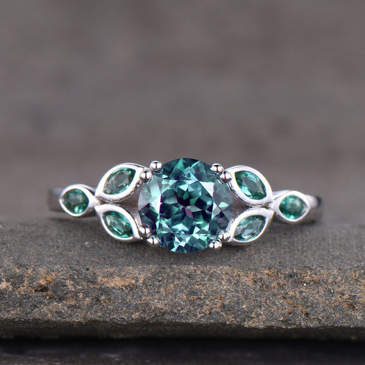 Alexandrite Ring, Round Cut Engagement Ring, Color Changing Ring, June Birthstone, Emerald Side Stone, Promise Ring, Sterling Silver