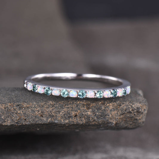 Dainty Opal Alexandrite Ring - Opal Stackable Wedding Band - 925 Sterling Silver - Minimalist Birthstone Ring - Stacking Ring - Gold Ring