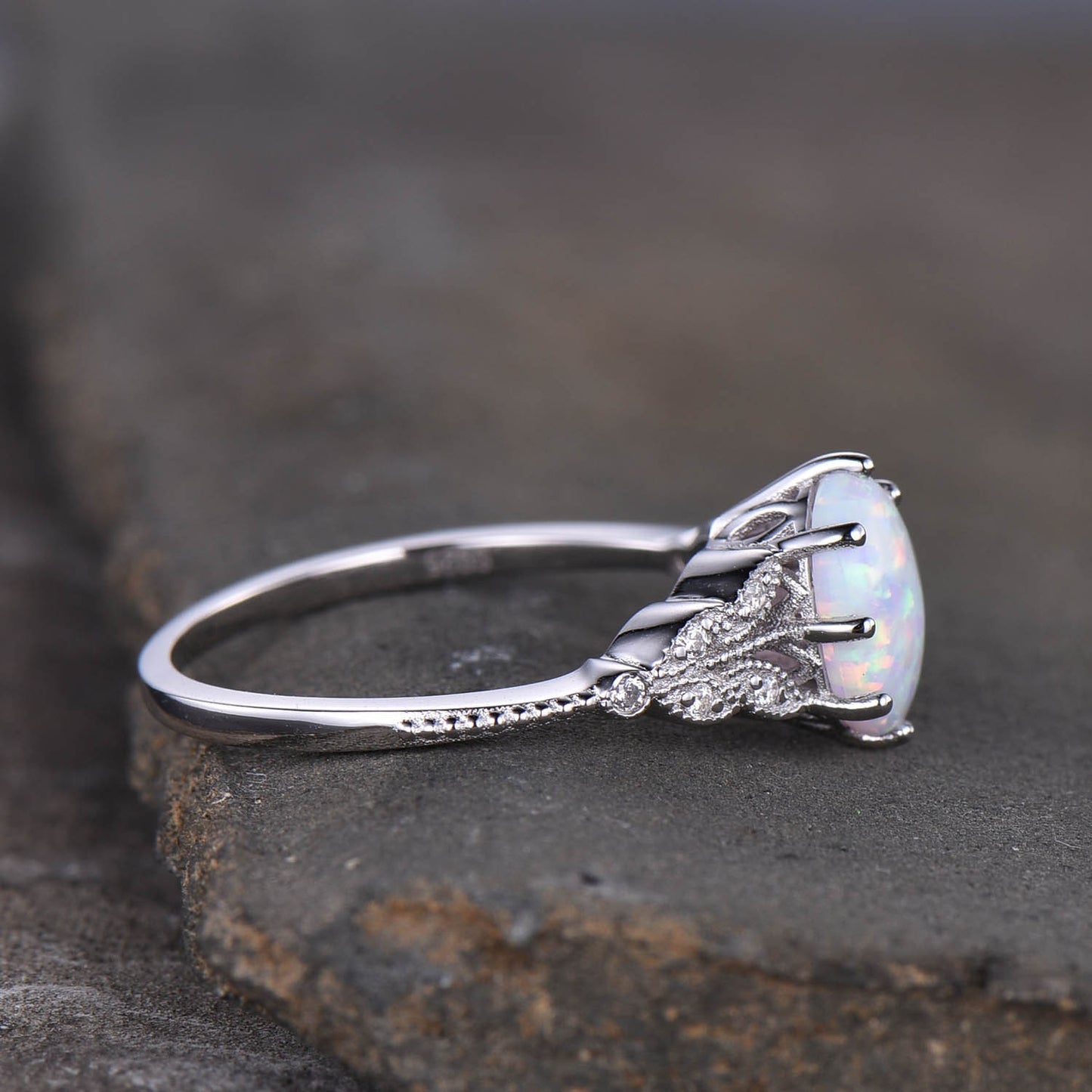 Oval Opal Ring, Vintage Opal Engagement Ring, White Opal Silver Jewelry, Gold Opal Ring, Women's Opal Ring, October Birthstone