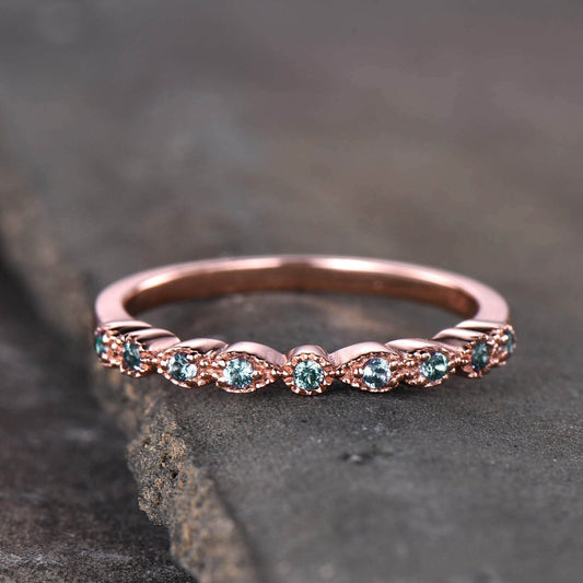 Alexandrite Ring, Art deco Half Eternity Band, Alexandrite Stacking Ring, June Birthstone Ring, Rose Gold Dainty Ring, Gift for her
