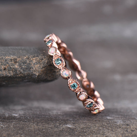 Art deco Eternity Band, Alexandrite Opal Wedding Ring, Stackable Full Eternity Ring, Rose Gold Vintage Opal Matching Band, Anniversary Gift