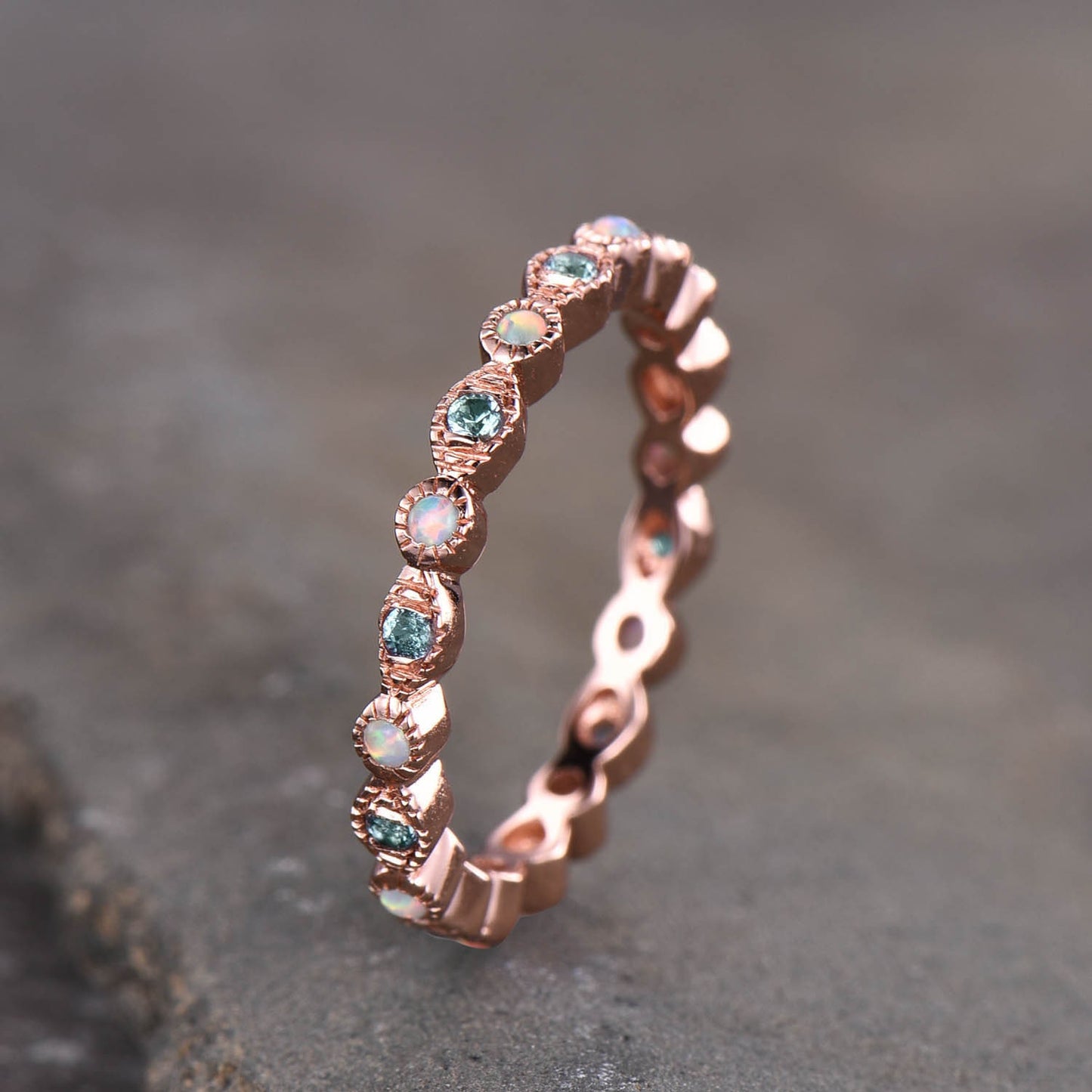 Art deco Eternity Band, Alexandrite Opal Wedding Ring, Stackable Full Eternity Ring, Rose Gold Vintage Opal Matching Band, Anniversary Gift