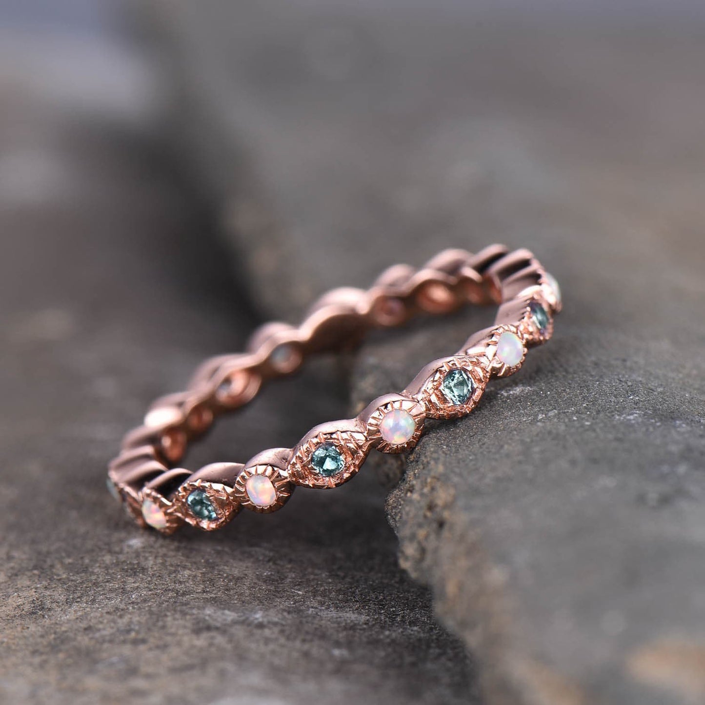 Art deco Eternity Band, Alexandrite Opal Wedding Ring, Stackable Full Eternity Ring, Rose Gold Vintage Opal Matching Band, Anniversary Gift