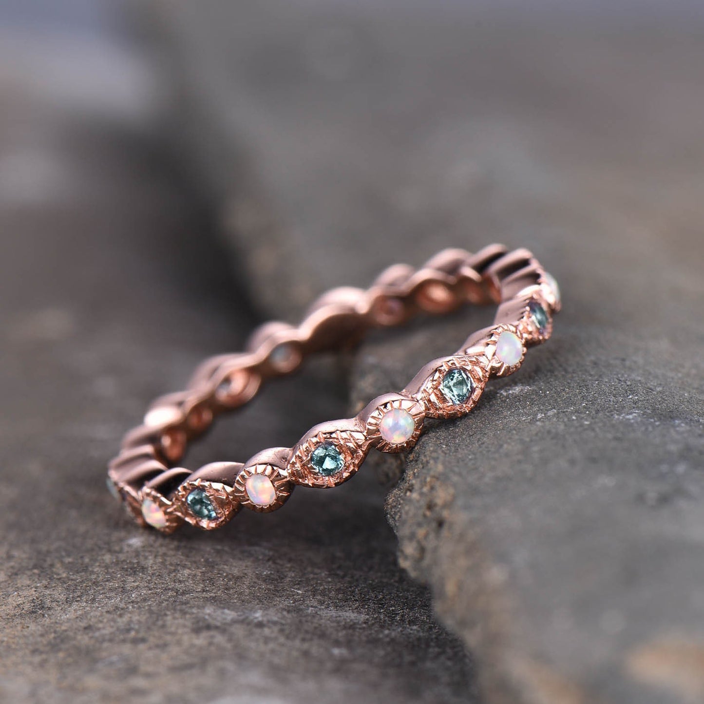 Art deco Eternity Band, Alexandrite Opal Wedding Ring, Stackable Full Eternity Ring, Rose Gold Vintage Opal Matching Band, Anniversary Gift