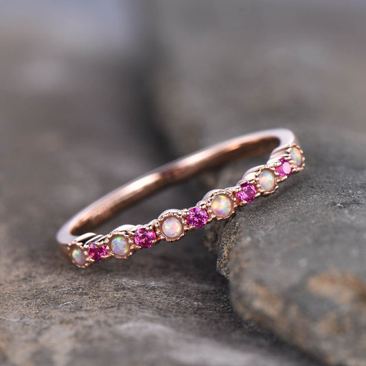 Opal Ruby Wedding Ring Rose Gold Dainty Opal Ring July Birthstone Half Eternity Stacking Ring Everyday Ring Sterling Silver Gift For Her