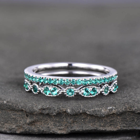 Emerald Wedding Set, Dainty Emerald Ring, Stacking Rings, 925 Sterling Silver, Emerald Gold Rings, Art deco, Anniversary Gift, Delicate