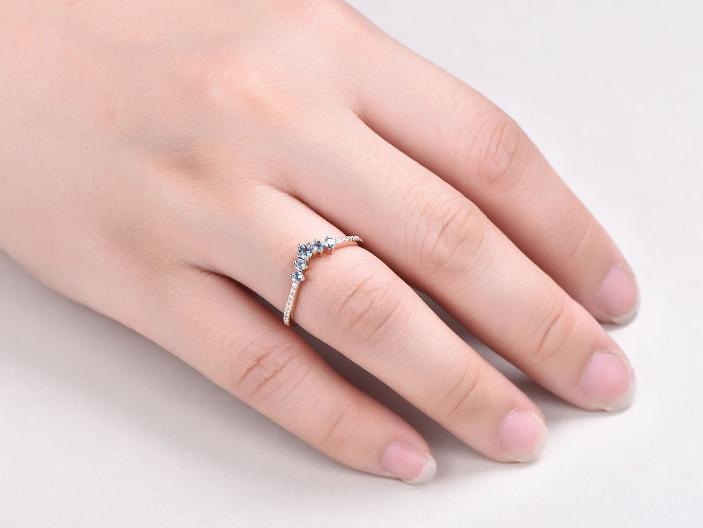 V shape topaz diamond wedding band curved stacking matching band London blue topaz half eternity ring solid 14k White gold promise bridal