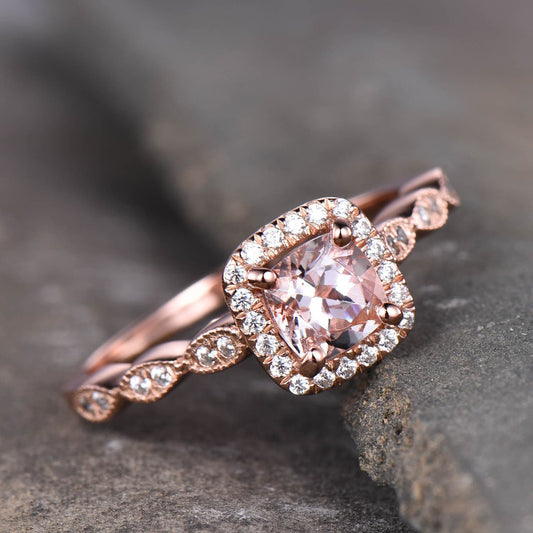 Rose Gold Morganite Ring, Cushion Morganite Engagement Ring, Halo Ring, Art deco wedding Band, Promise Ring, Anniversary Ring, Bridal Ring