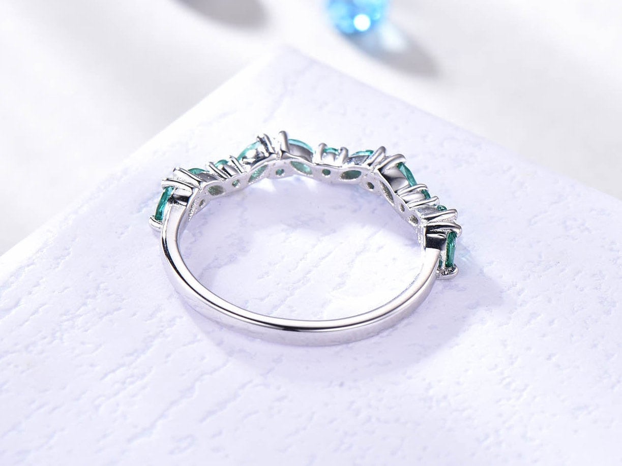 Emerald wedding band half eternity art deco emerald ring 14k white gold marquise gemstone promise bridal matching band May birthstone