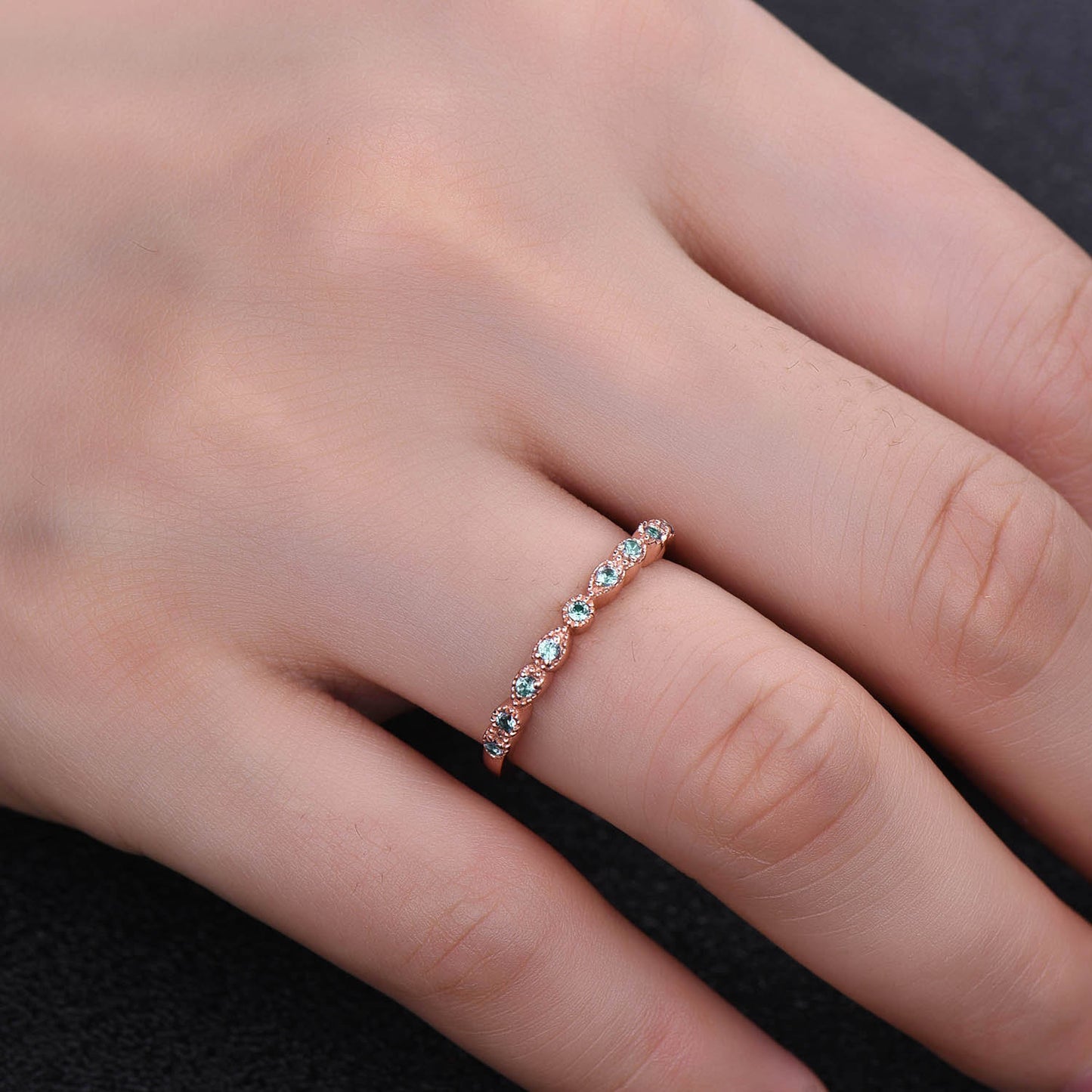Alexandrite Ring, Art deco Half Eternity Band, Alexandrite Stacking Ring, June Birthstone Ring, Rose Gold Dainty Ring, Gift for her