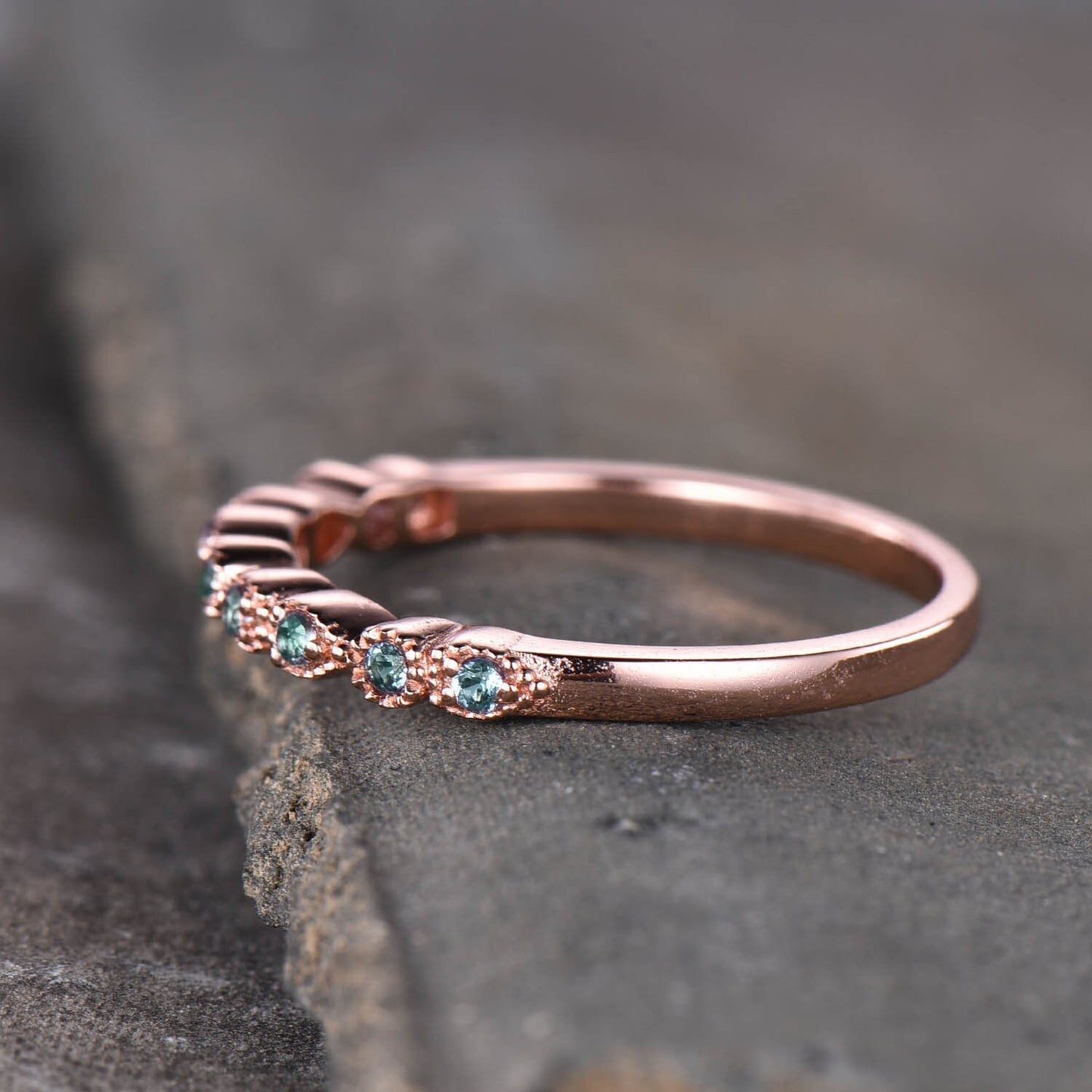 Alexandrite Ring, Art deco Half Eternity Band, Alexandrite Stacking Ring, June Birthstone Ring, Rose Gold Dainty Ring, Gift for her