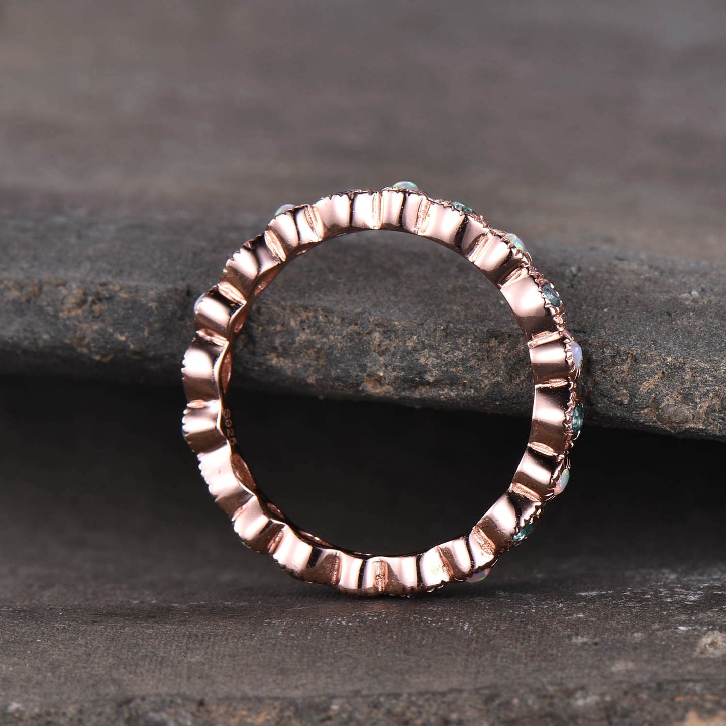 Art deco Eternity Band, Alexandrite Opal Wedding Ring, Stackable Full Eternity Ring, Rose Gold Vintage Opal Matching Band, Anniversary Gift