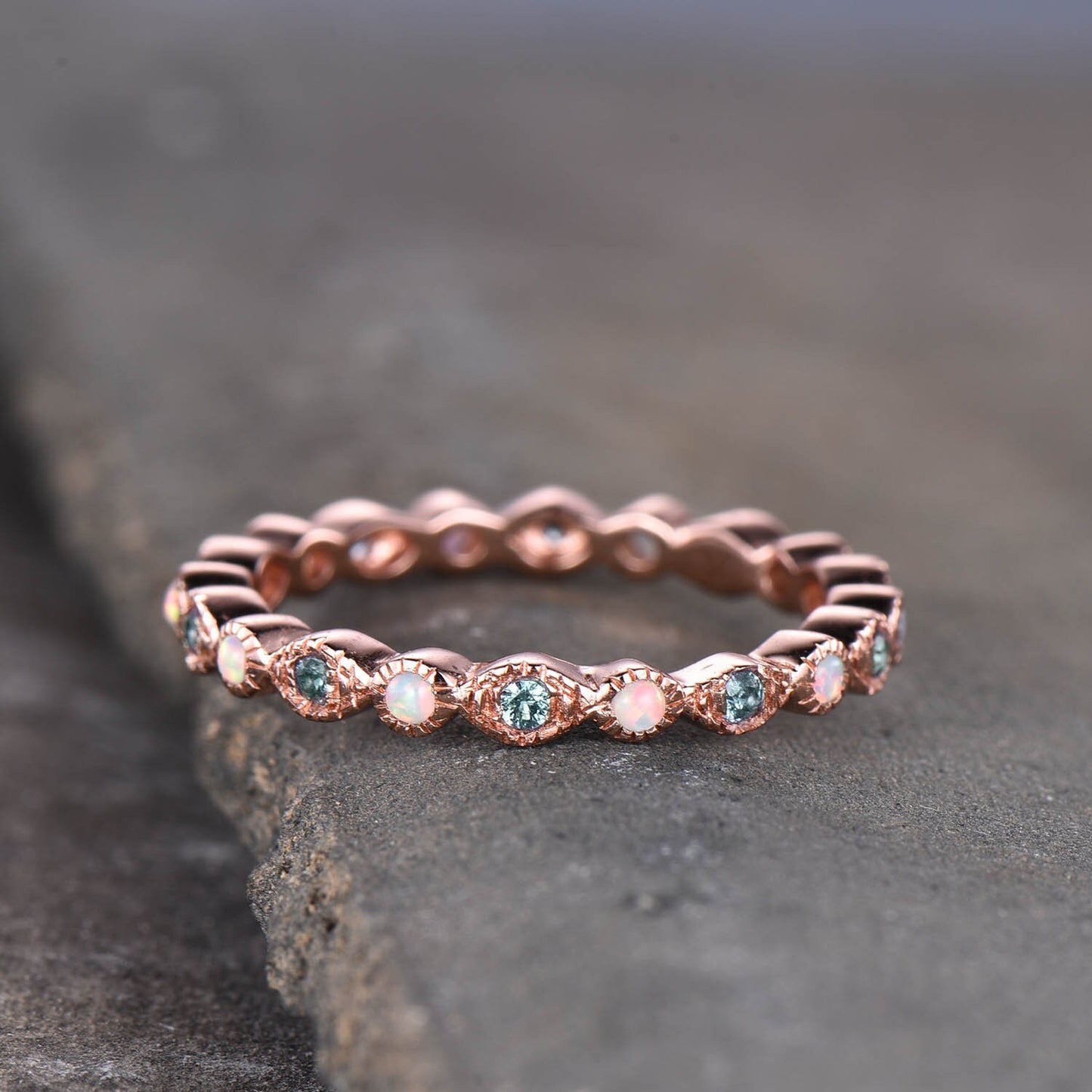 Art deco Eternity Band, Alexandrite Opal Wedding Ring, Stackable Full Eternity Ring, Rose Gold Vintage Opal Matching Band, Anniversary Gift
