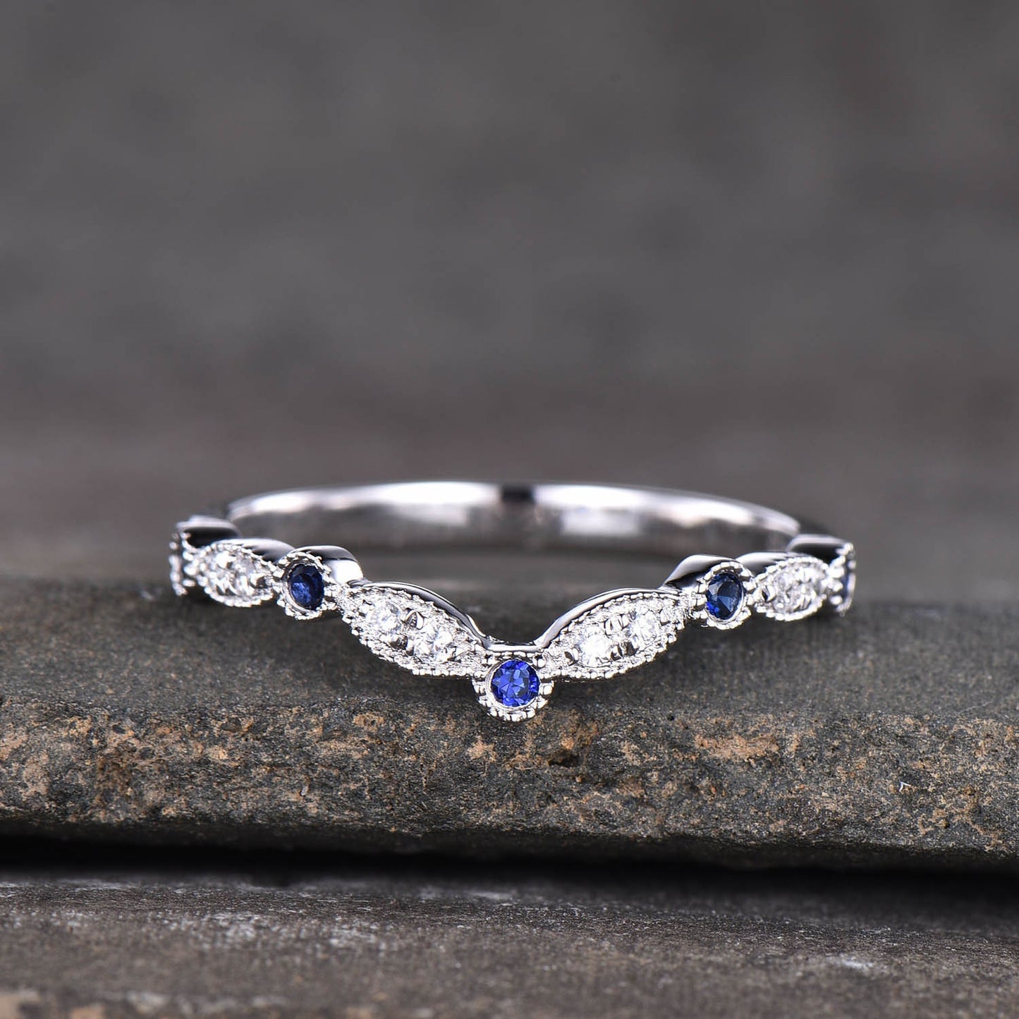 Curve Wedding Ring Art Deco Wedding Band Blue Sappire Band CZ V Ring Stacking Matching Band Silver Rose Gold Plated Milgrain Marquise Ring