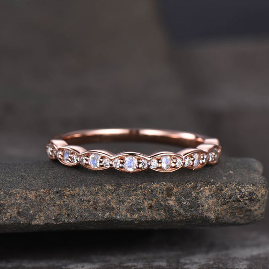 Rainbow Moonstone Ring, Moonstone and CZ Wedding Band, Vintage Moonstone Ring, Rose Gold Moonstone Band, Stacking Ring, June Birthstone