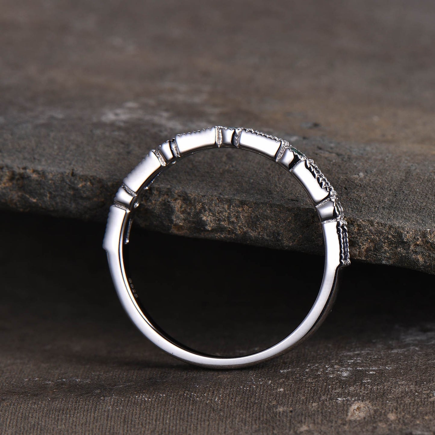Sapphire and Emerald Ring, Sapphire Baguette Ring, Half Eternity Band, Stacking Ring, Silver Ring, Women's Wedding Ring, White Gold Ring