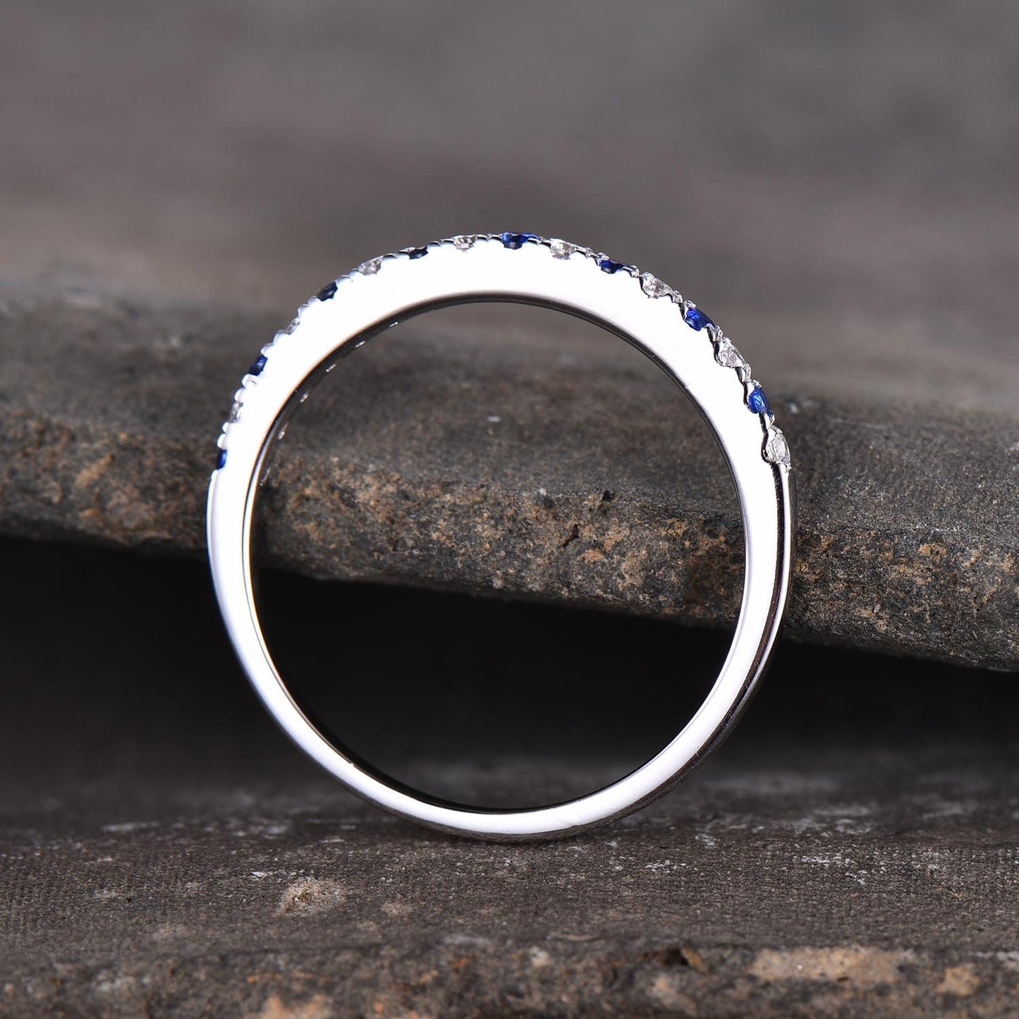 Sapphire Ring, Sterling Silver Rings, Blue Sapphire and CZ Wedding Band, Stacking Band, Pave Band, Half Eternity Stacking Rings