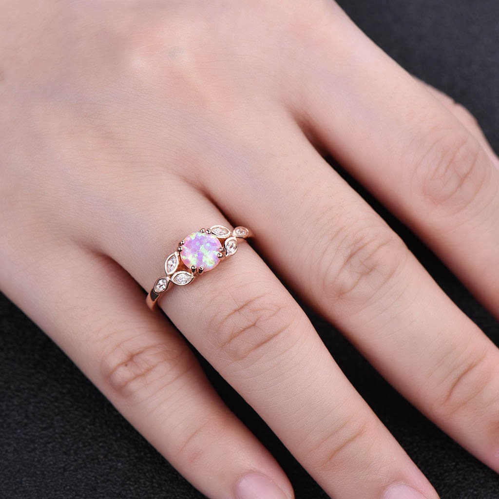 Opal Ring For Women, Pink Fire Opal Ring, Opal Engagement Ring, Rose Gold Opal Ring, Round Ring, Pink Gemstone Ring, Promise Ring