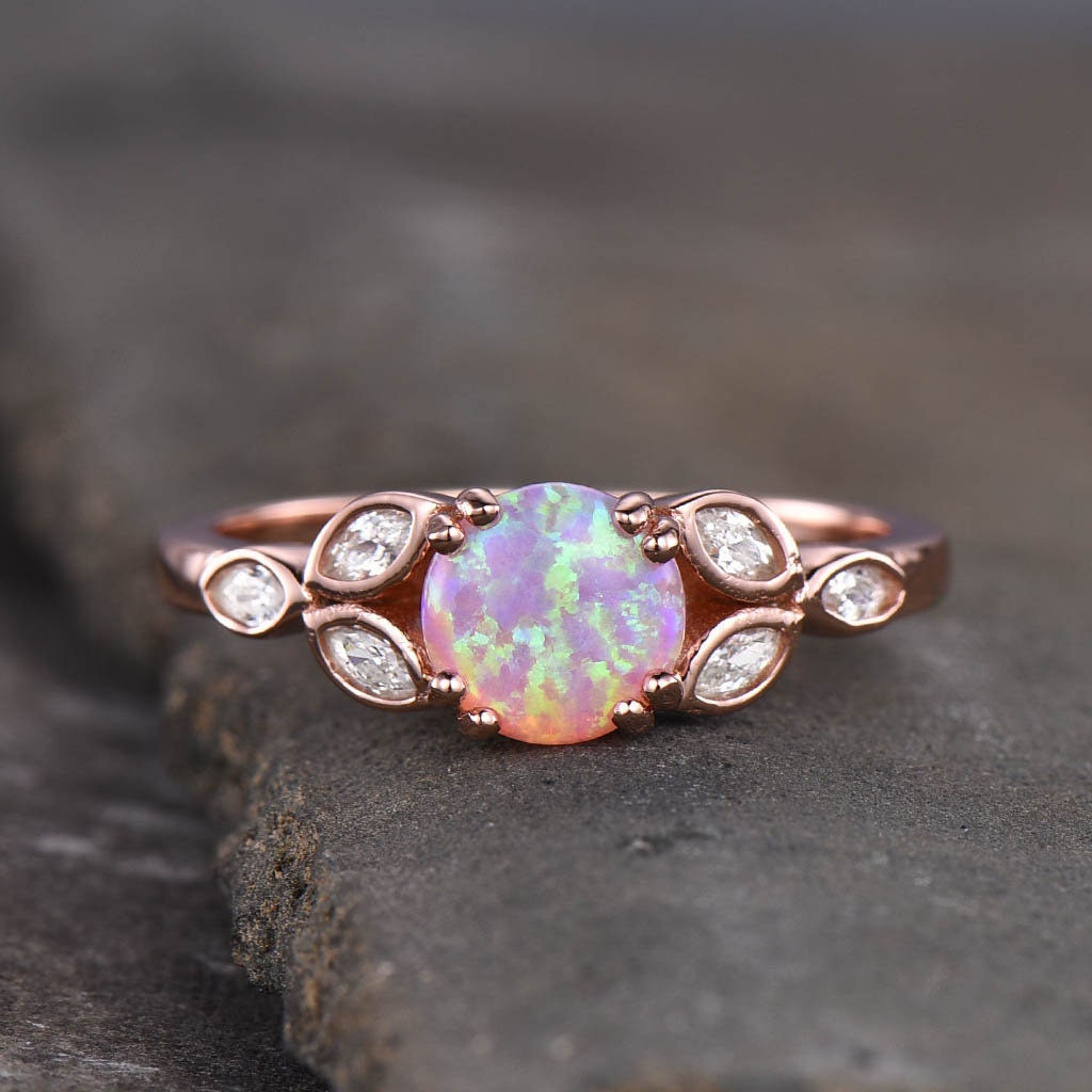 Opal Ring For Women, Pink Fire Opal Ring, Opal Engagement Ring, Rose Gold Opal Ring, Round Ring, Pink Gemstone Ring, Promise Ring