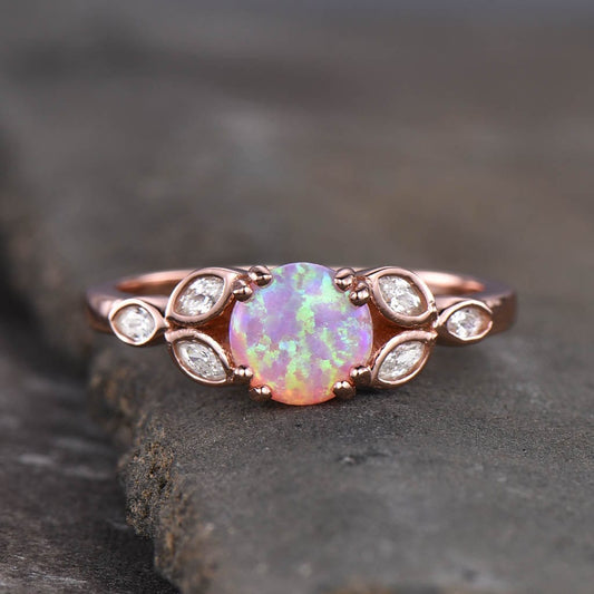 Opal Ring For Women, Pink Fire Opal Ring, Opal Engagement Ring, Rose Gold Opal Ring, Round Ring, Pink Gemstone Ring, Promise Ring