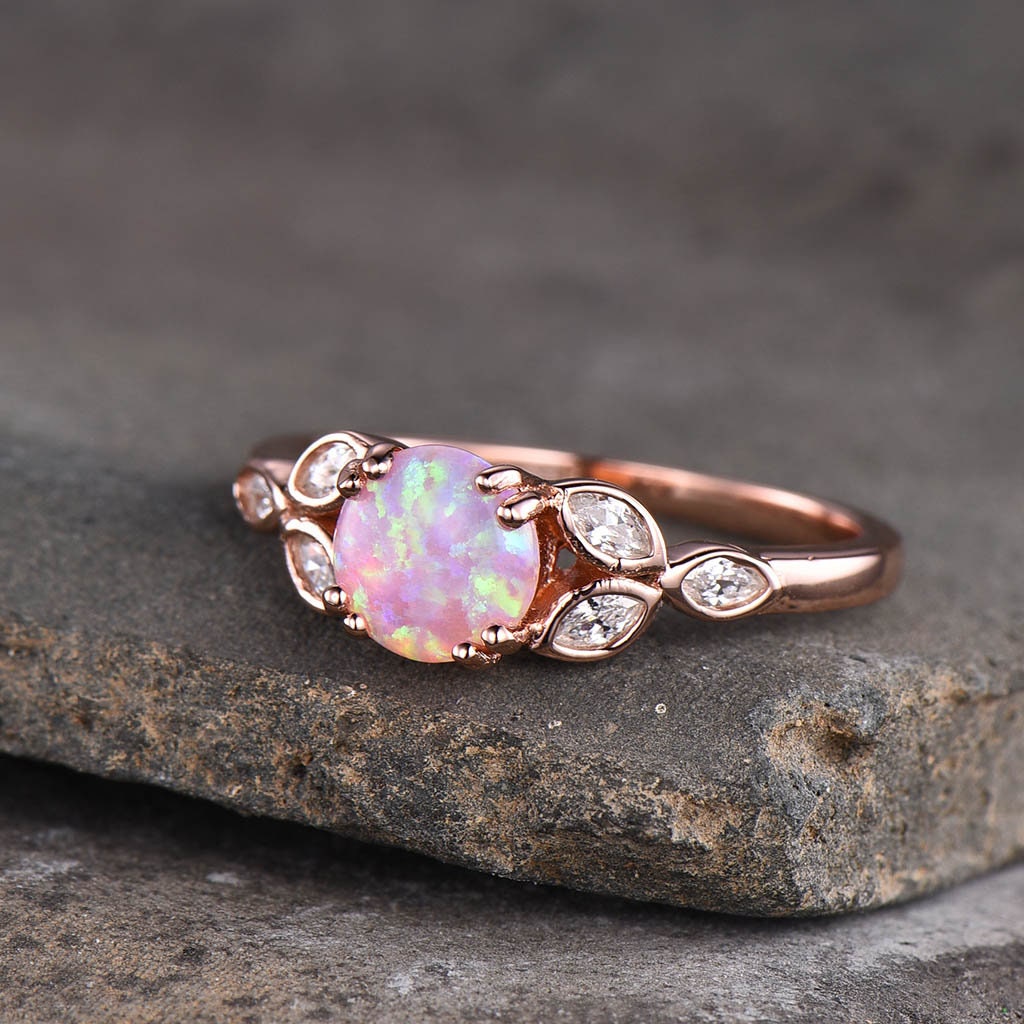 Opal Ring For Women, Pink Fire Opal Ring, Opal Engagement Ring, Rose Gold Opal Ring, Round Ring, Pink Gemstone Ring, Promise Ring