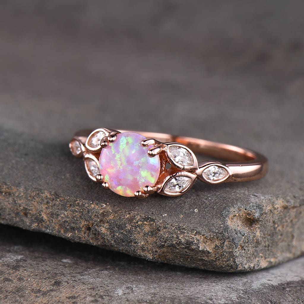 Opal Ring For Women, Pink Fire Opal Ring, Opal Engagement Ring, Rose Gold Opal Ring, Round Ring, Pink Gemstone Ring, Promise Ring